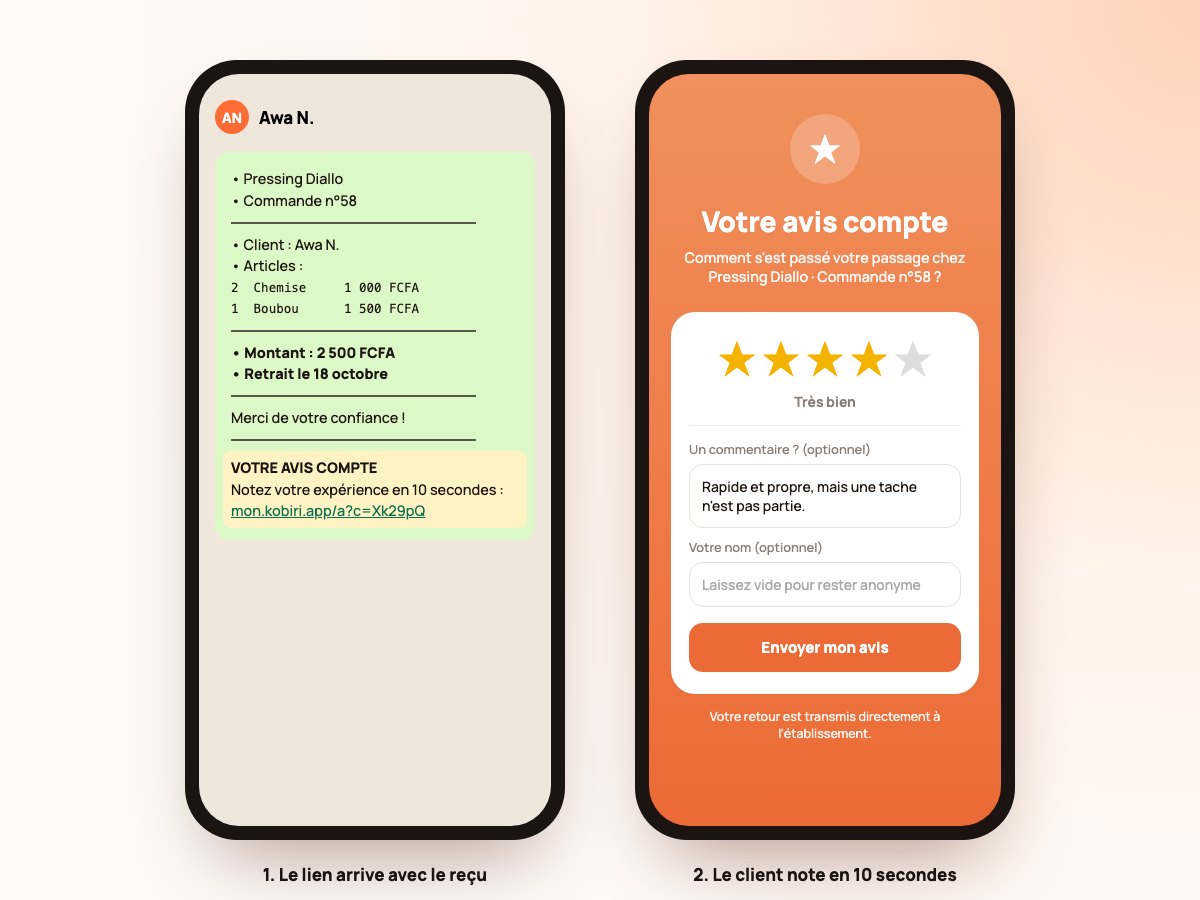Un reçu WhatsApp de pressing avec un lien « Votre avis compte », et la page de notation où le client donne 4 étoiles, un commentaire, et laisse son nom vide pour rester anonyme.
